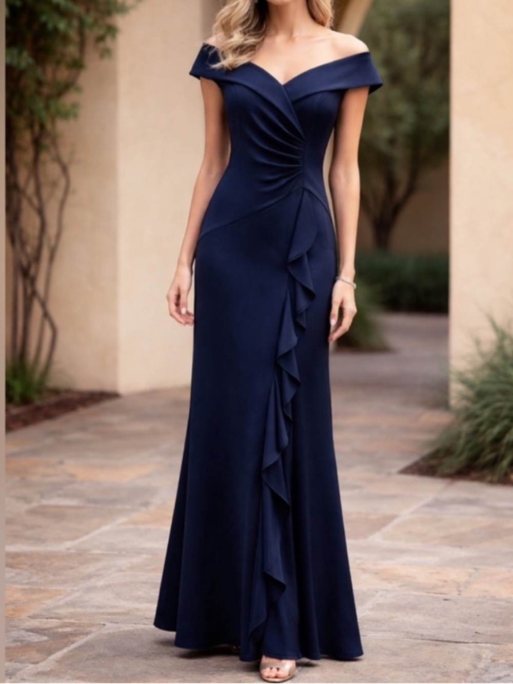 Xscape “Patti” Navy Off-Shoulder Ruffle-Trim Wedding Dress - Mother of Groom